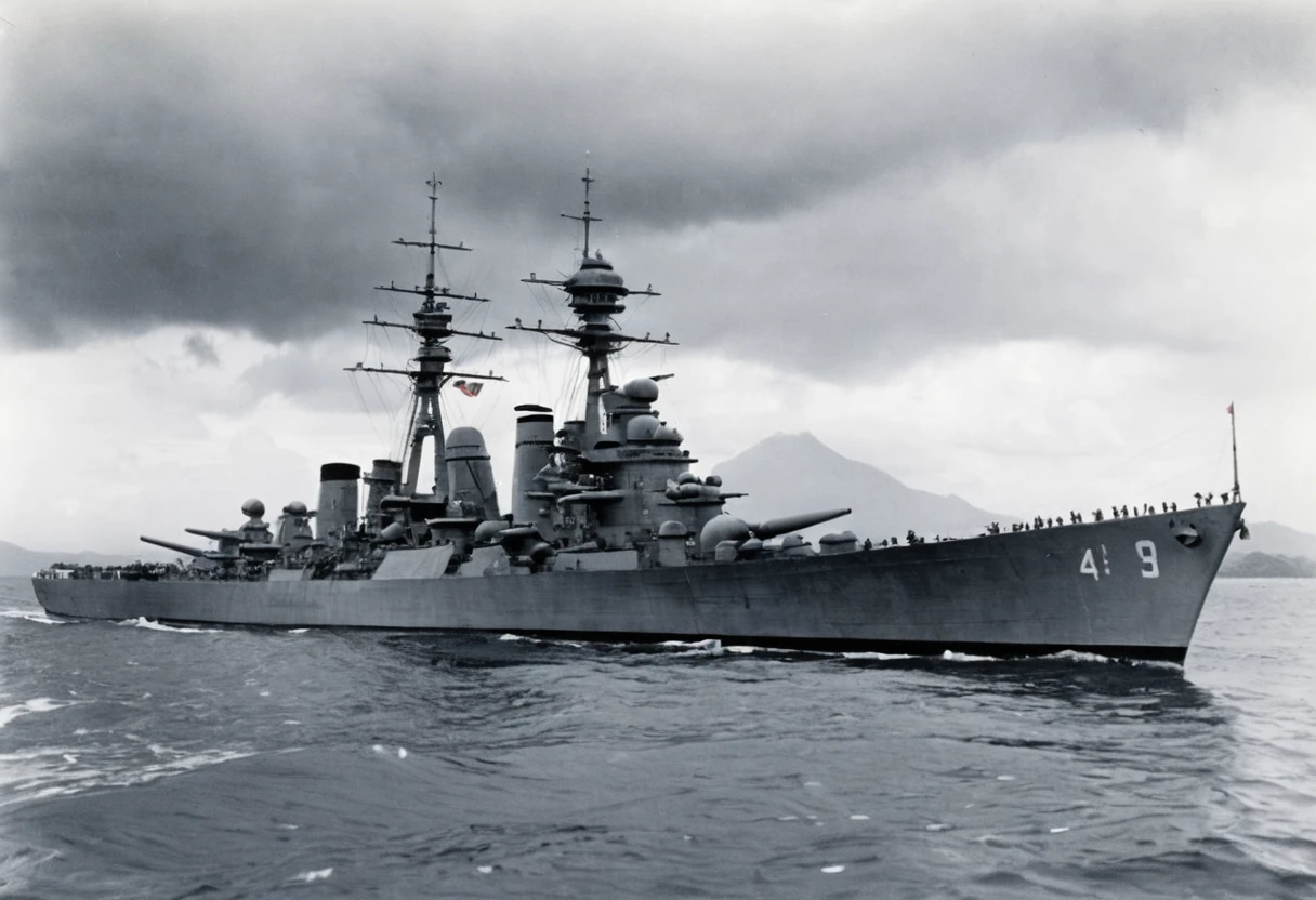 Japanese navy destroyer near a tropical island in war