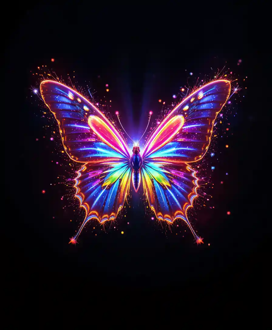 Neon rainbow butterfly bursting from a pure black background