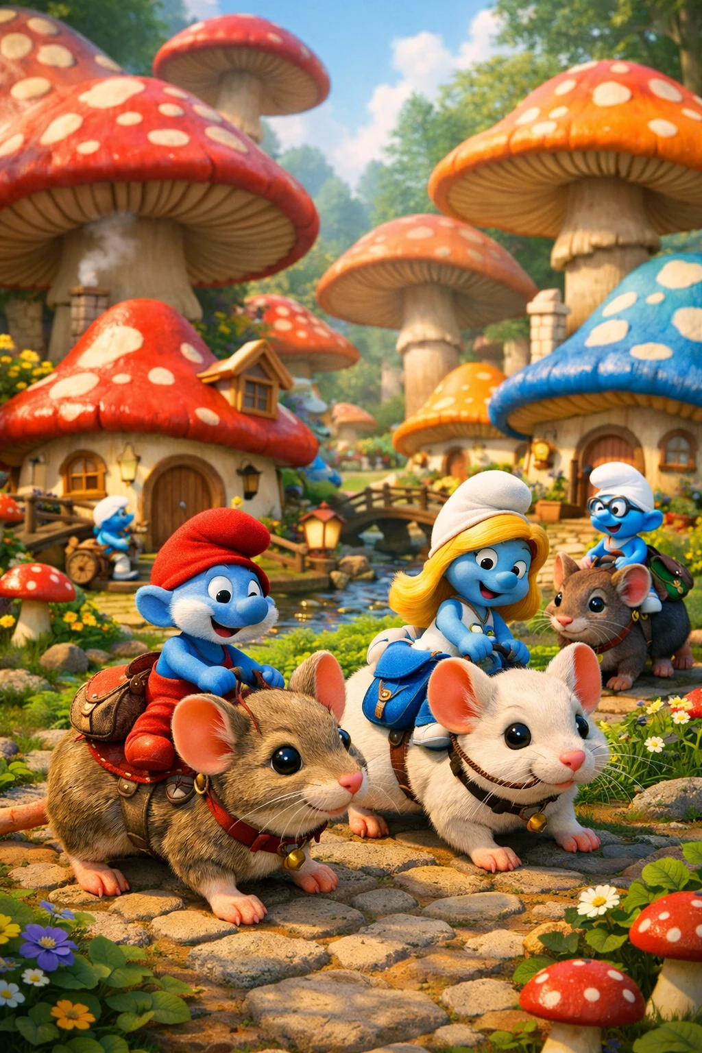 Fiabesco villaggio fantasy con minuscole case e funghi giganti