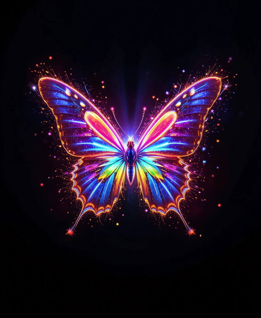 Mariposa arcoíris de neón que estalla desde un fondo negro puro