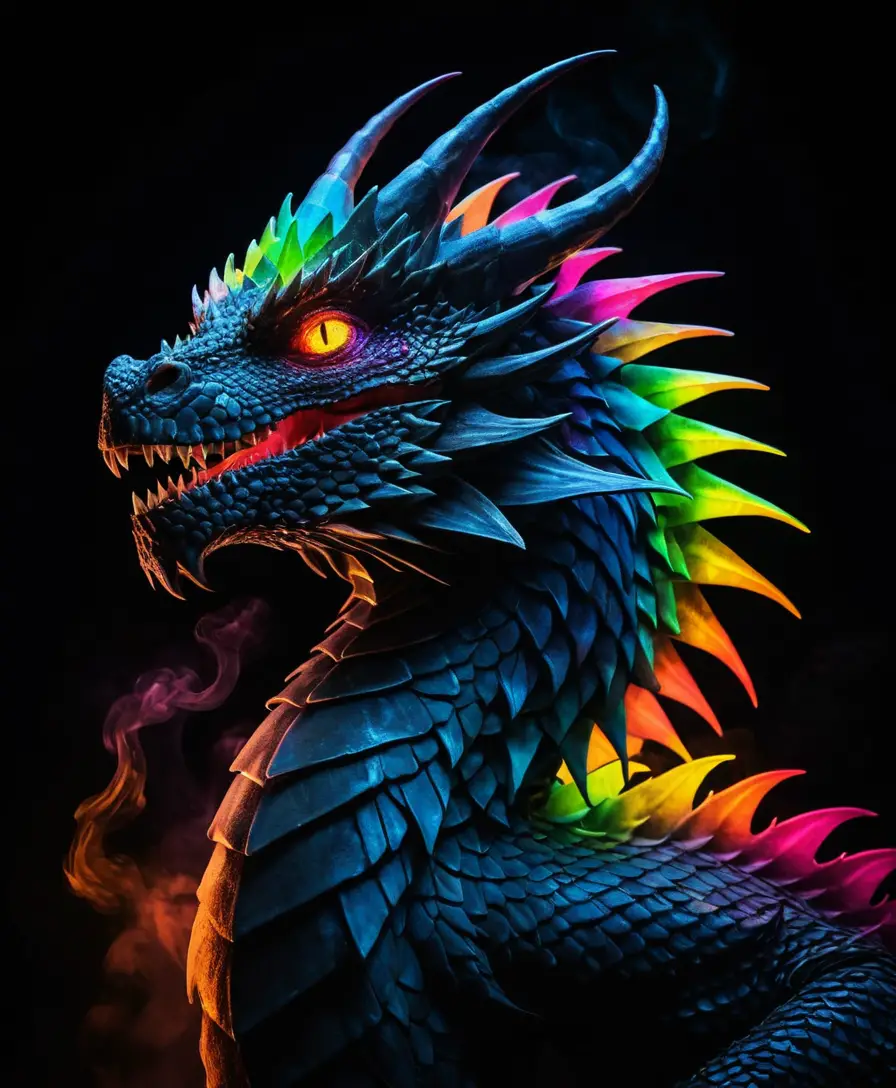 Neon Rainbow Dragon Silhouette Emerging From Dark Smoke