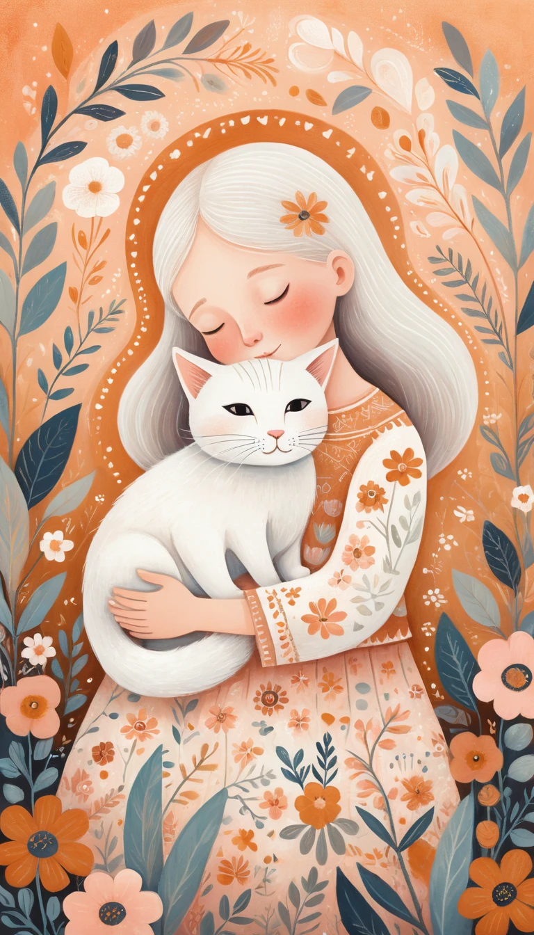Dreamy folk art child hugging a white cat illustration