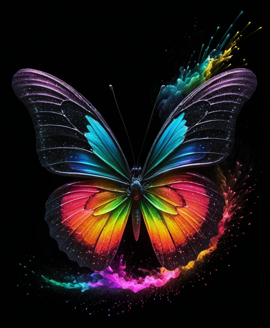 Neon-Regenbogen-Schmetterling mit leuchtenden Spuren auf schwarzem Hintergrund
