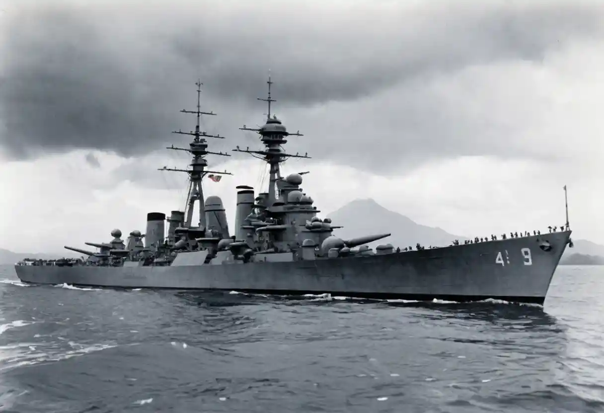 Japanese navy destroyer near a tropical island in war