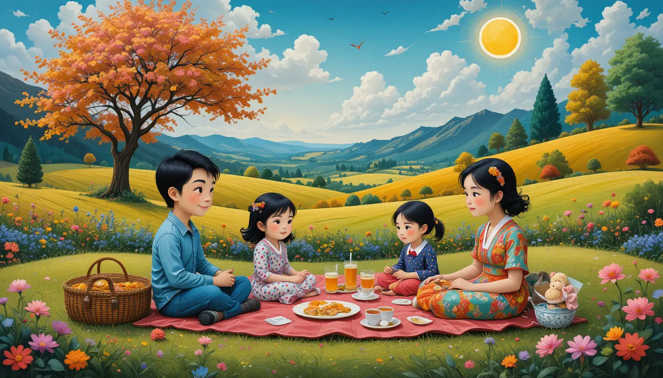 Whimsical family picnic scene in a colorful abstract park