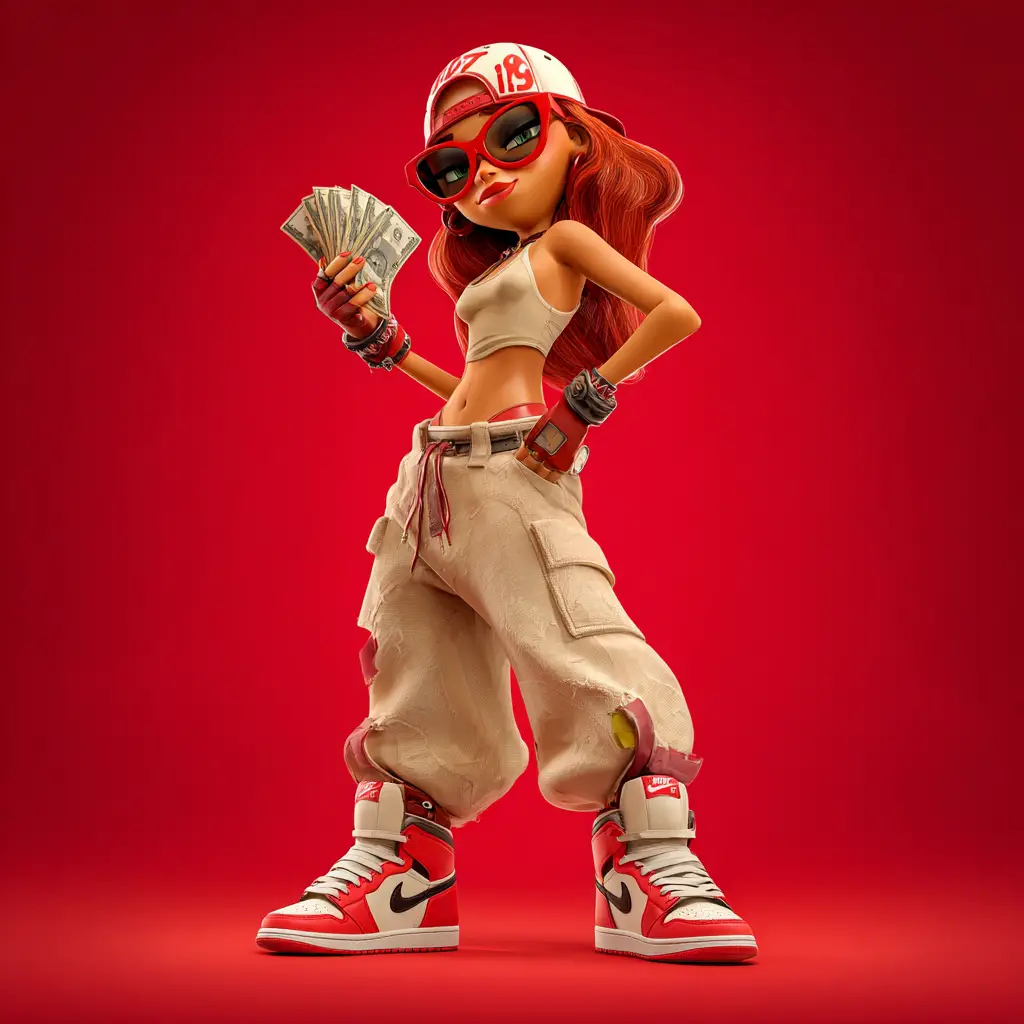 3d pixar style woman in streetwear holding cash