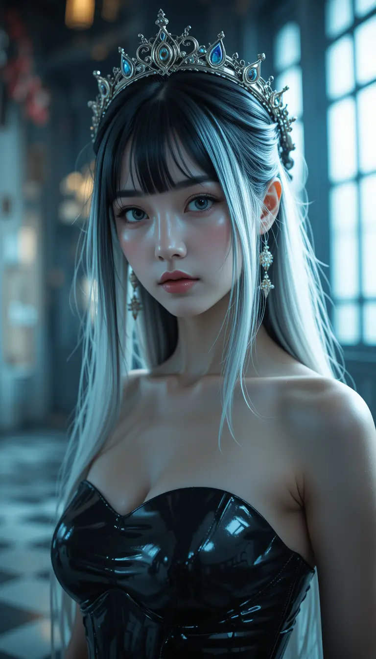 Princesse asiatique en robe en latex noire sous une lumière cinématographique