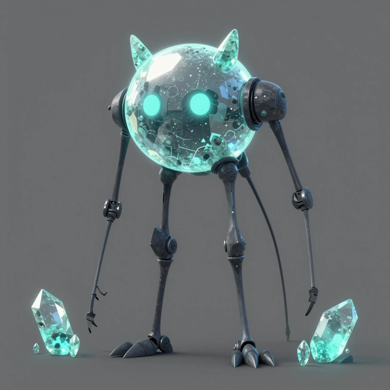 Monstruo kawaii gris neón con largas y delgadas patas mecánicas