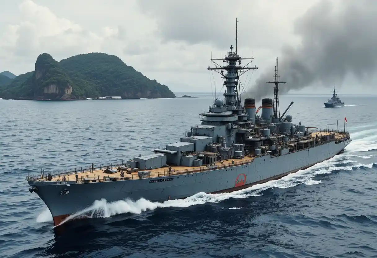 Japanese destroyer at sea near a tropical Pacific island