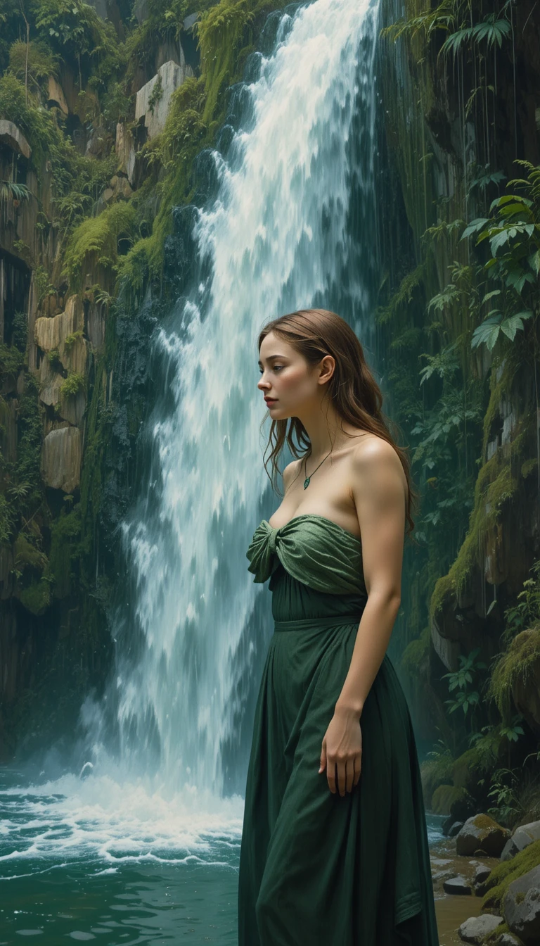Junge Frau an einem grünen Wasserfall in einem Ölgemälde