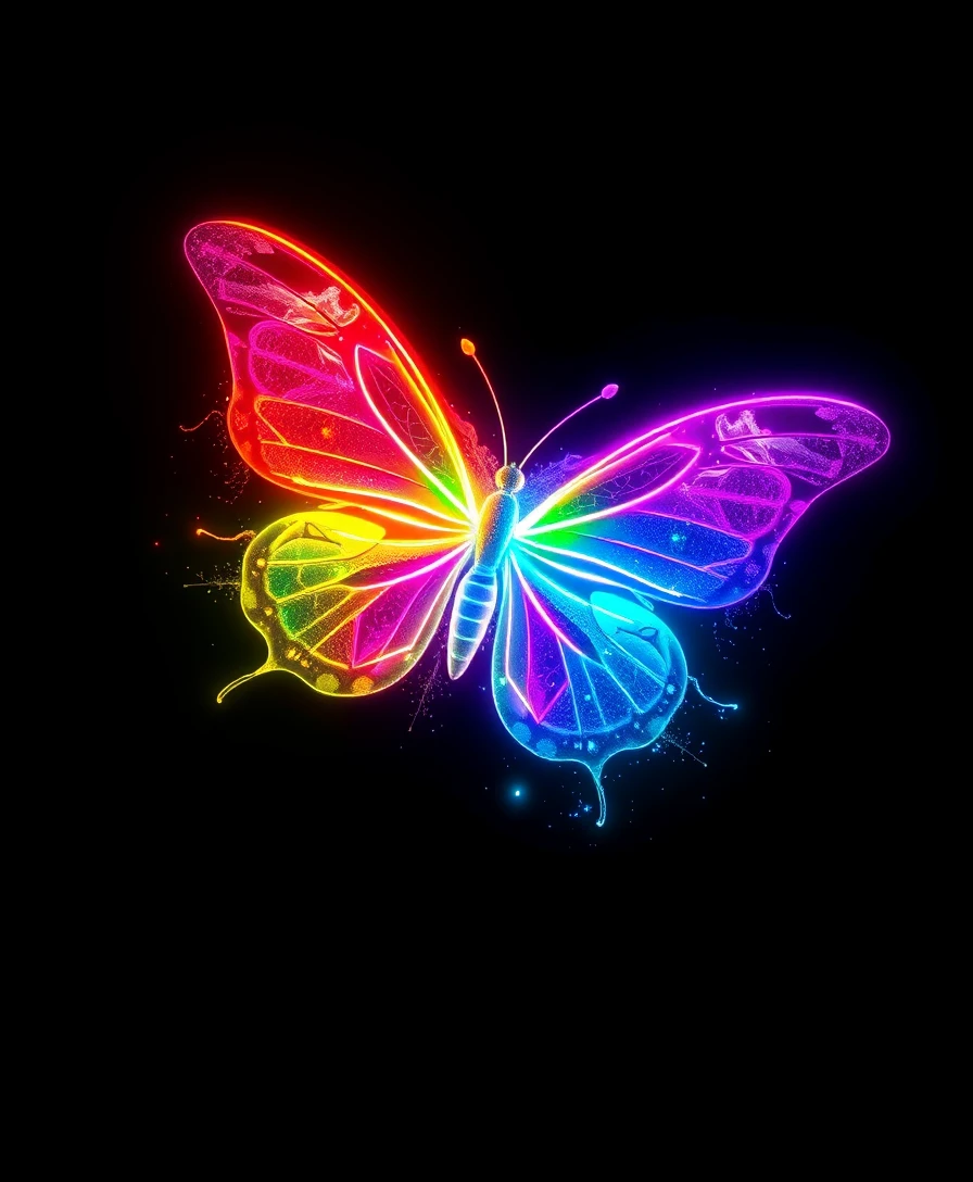 Mariposa arcoíris neón que irrumpe desde un profundo vacío negro