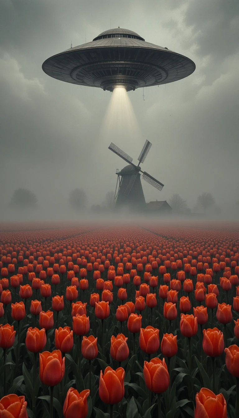 OVNI surreal sobre campo brumoso de tulipanes con ojos humanos