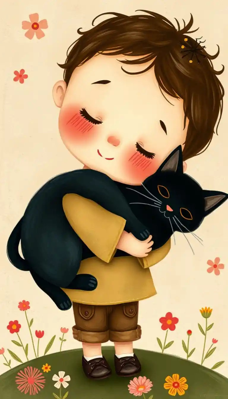 Ilustración onírica de arte folk de un niño abrazando a un gato negro
