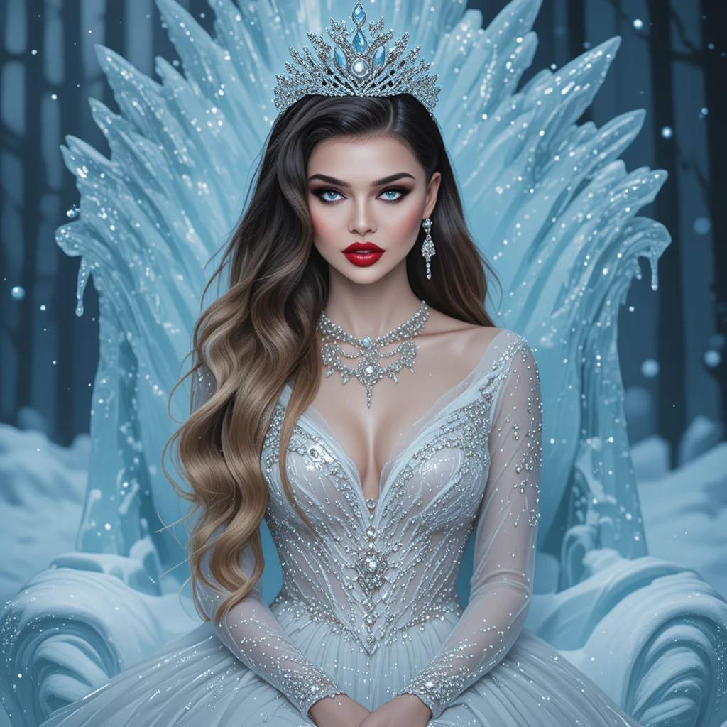 Ice queen woman on a frozen throne in snowy forest