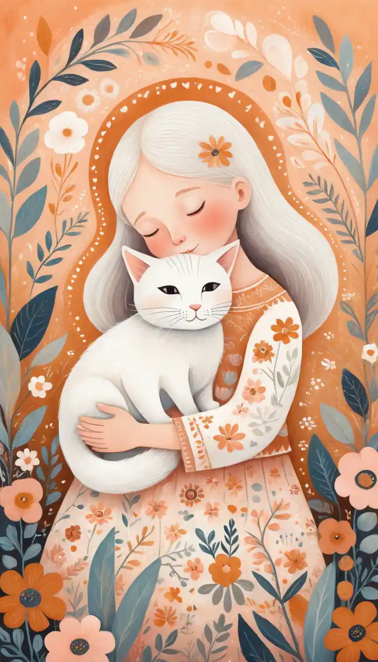 Dreamy folk art child hugging a white cat illustration