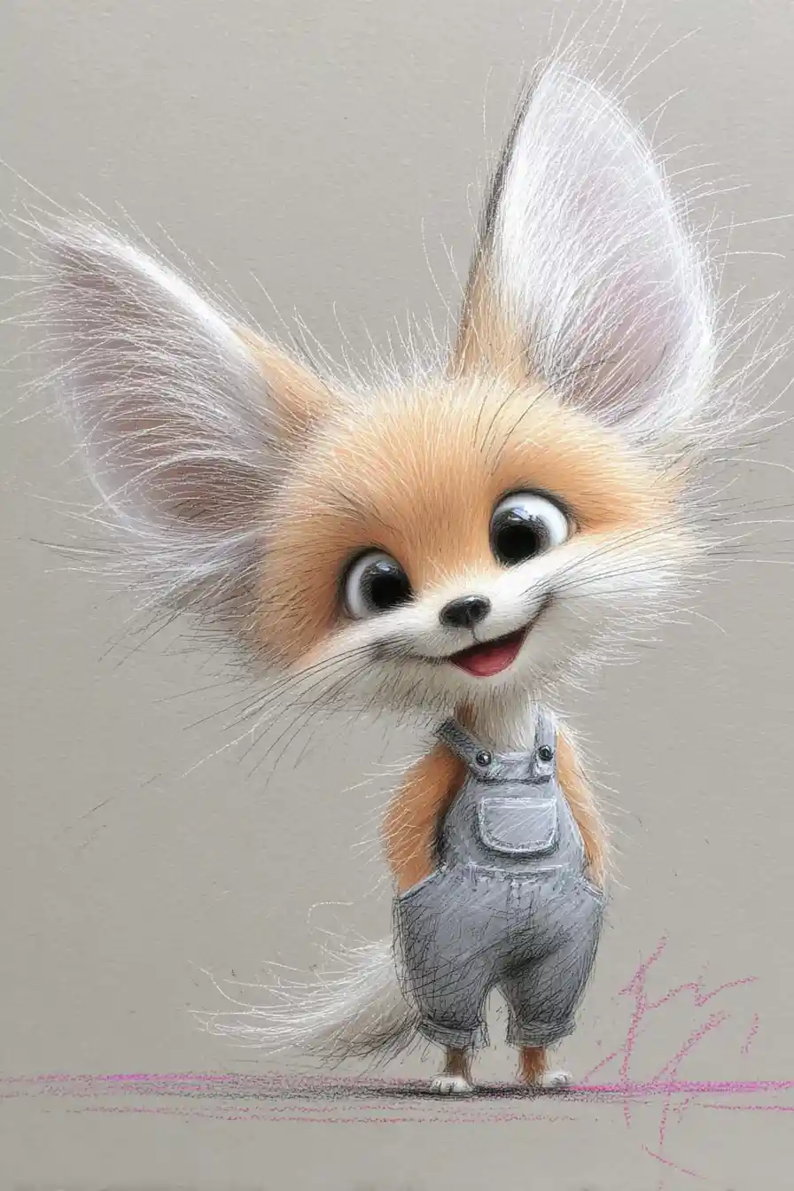 Dolce volpe fennec in salopette di jeans che sorride in movimento