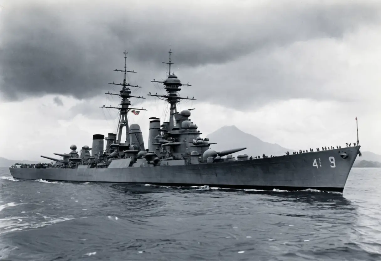 Japanese navy destroyer near a tropical island in war