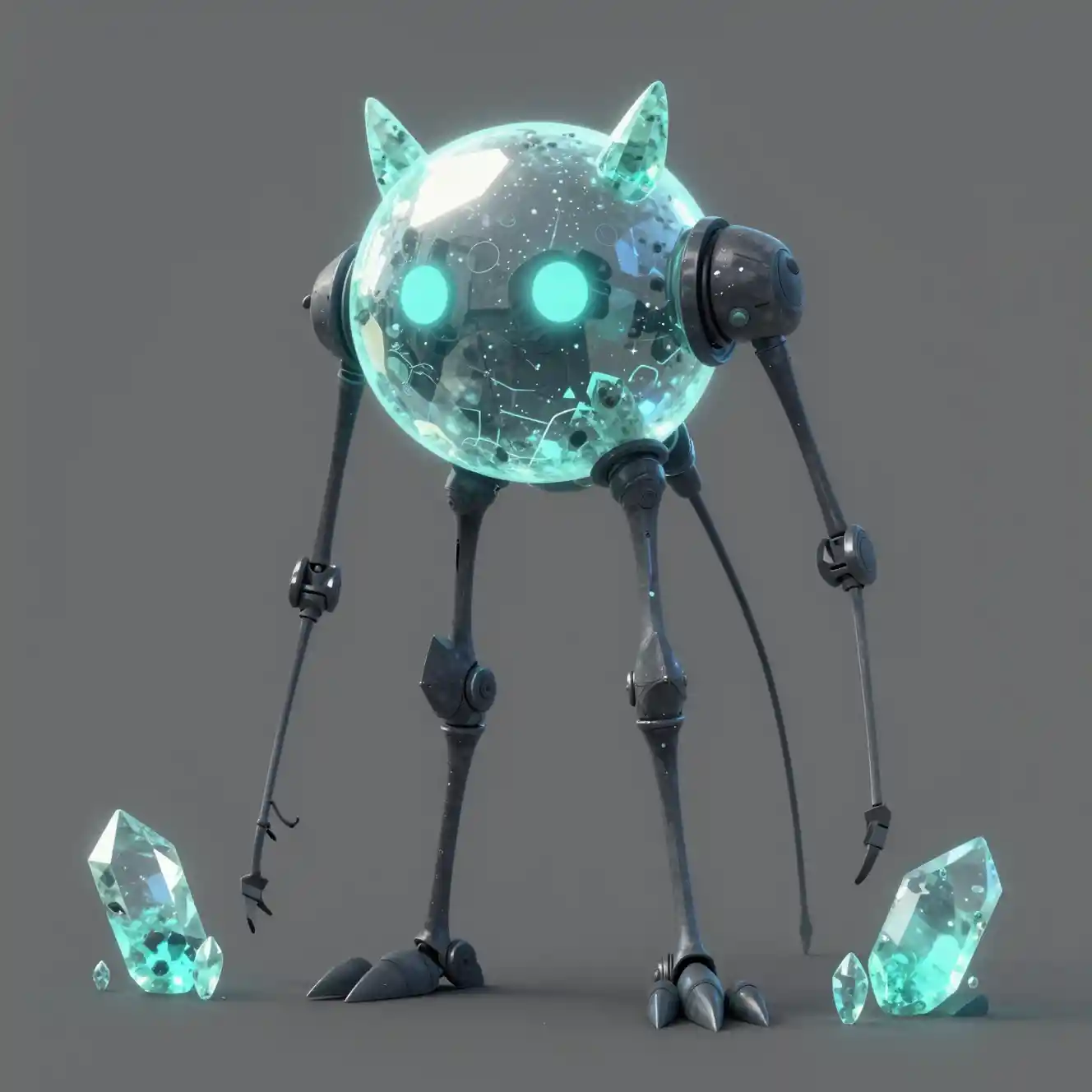 Monstruo kawaii gris neón con largas y delgadas patas mecánicas