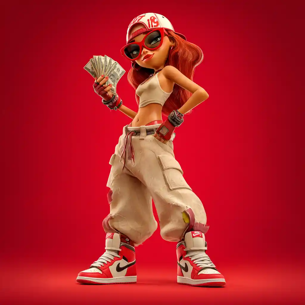 3d pixar style woman in streetwear holding cash