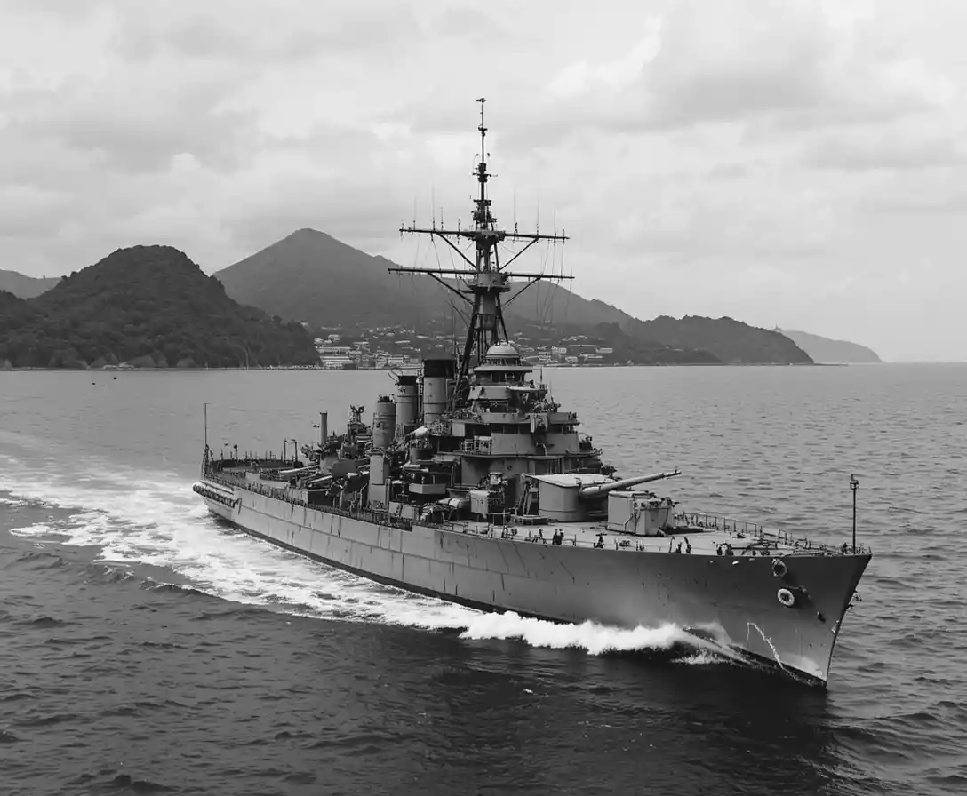 Cacciatorpediniere giapponese che naviga in guerra vicino a un’isola tropicale