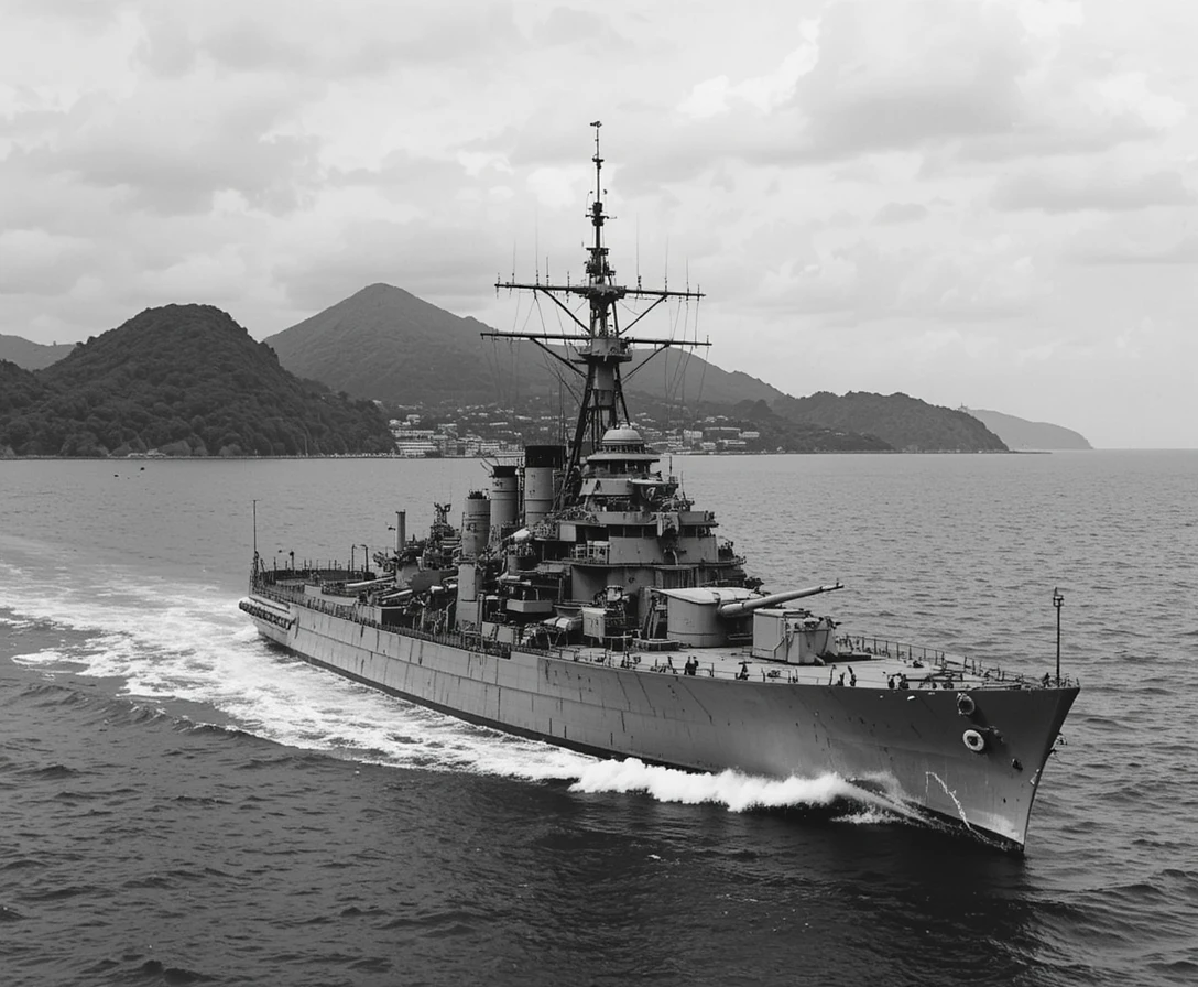 Japanese destroyer sailing near a tropical island in war