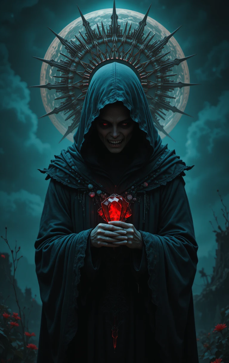 Hooded figure with red gemstone and eerie sun face