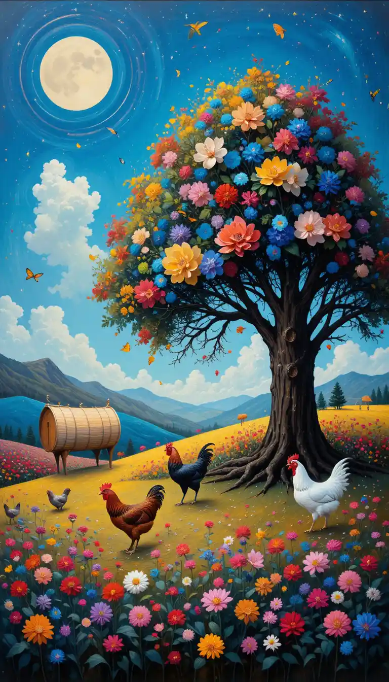Whimsical farm animals beneath an oak tree in flower field