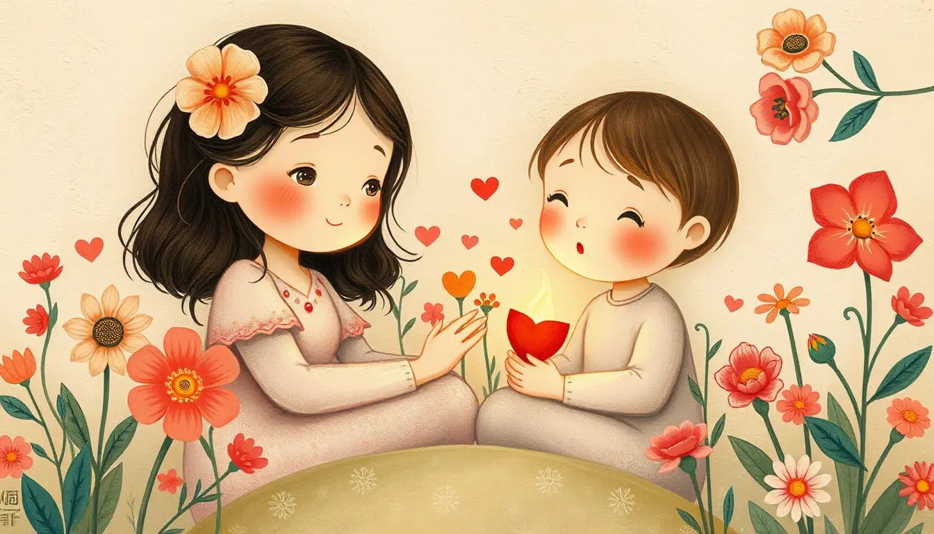 Whimsical folk art floral illustration in soft pastel colors