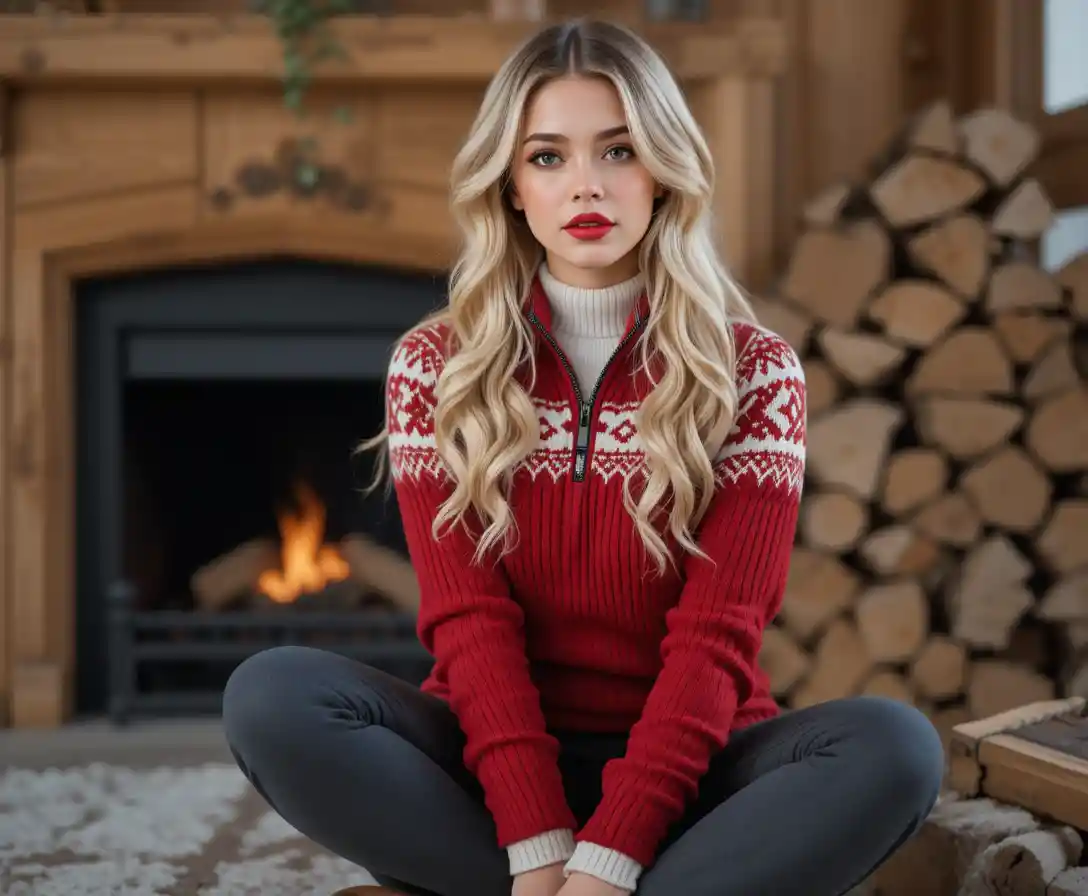 Cozy blonde woman in red knit sweater by warm fireplace