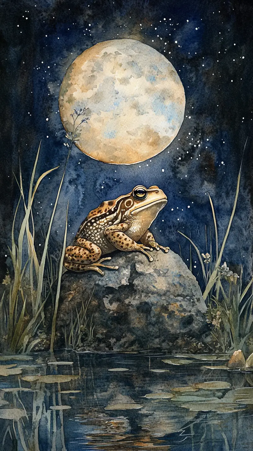 Watercolor toad on a rock by a moonlit still pond