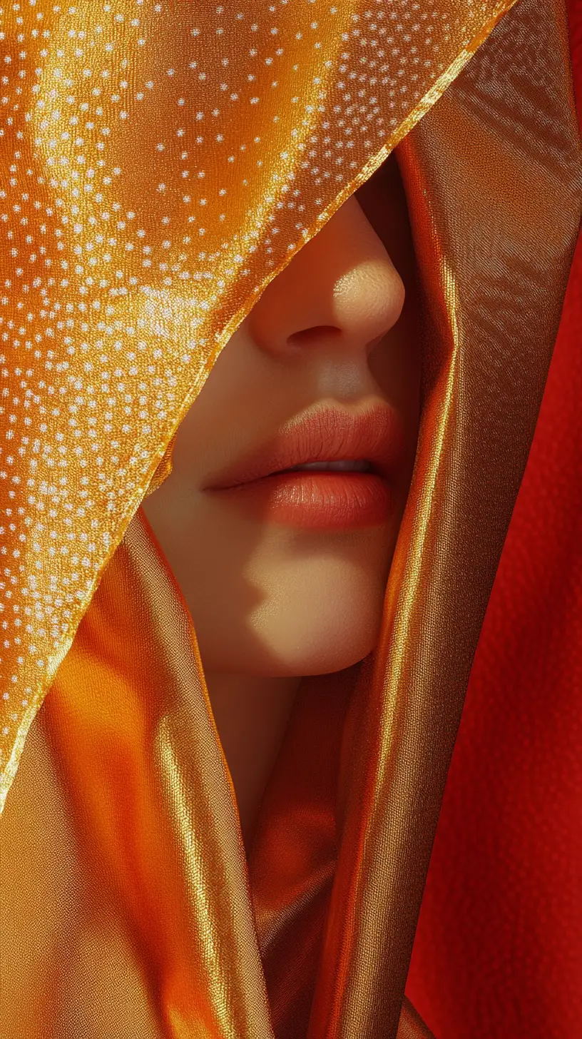 Golden silk veiled portrait fragment against red polka dots