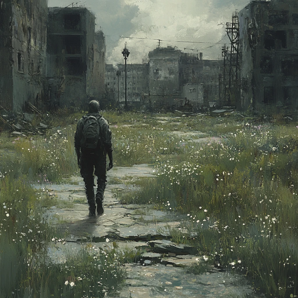 Operative Crossing Overgrown Town Square In Soft Spring Light
