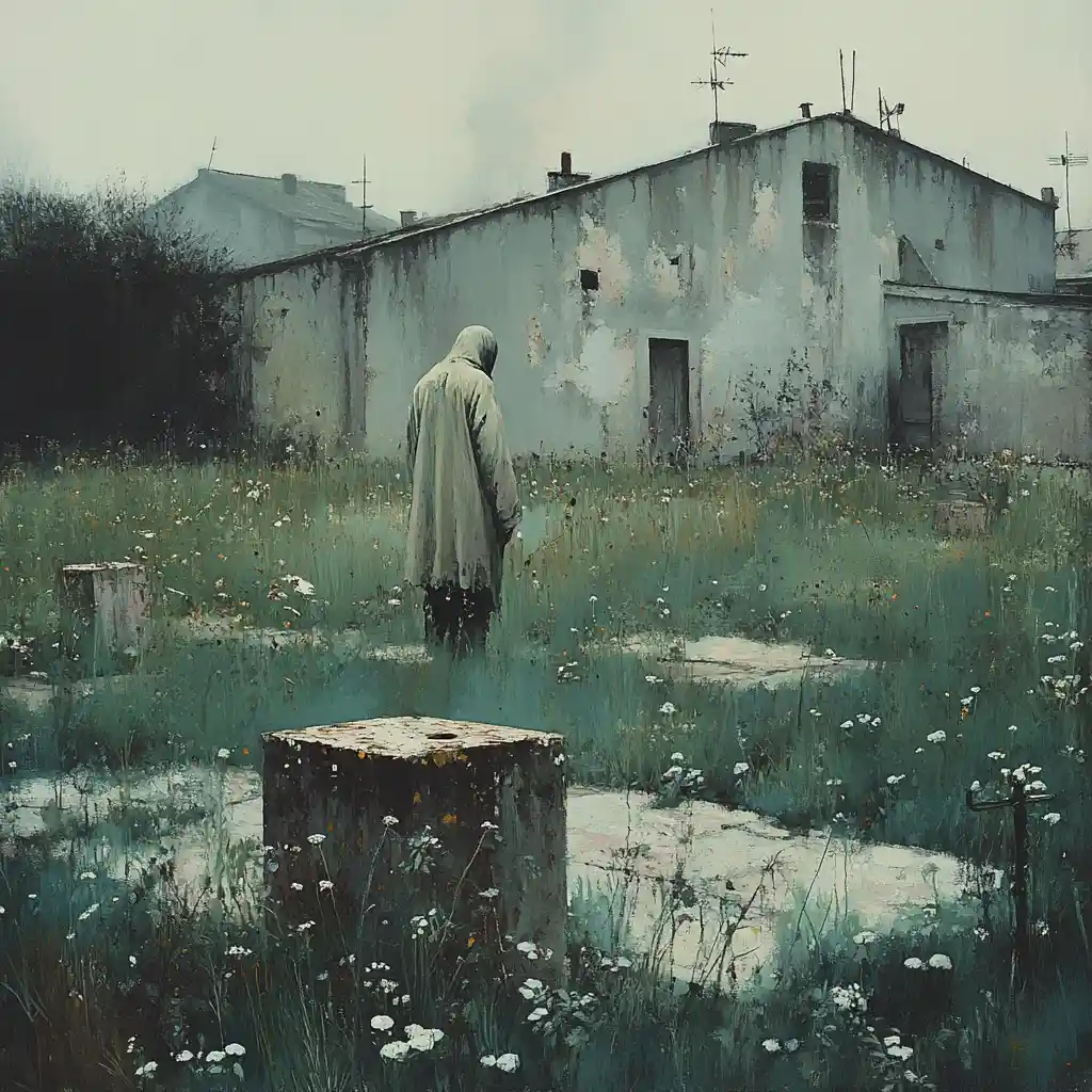 Solitary operative crossing an overgrown abandoned town square