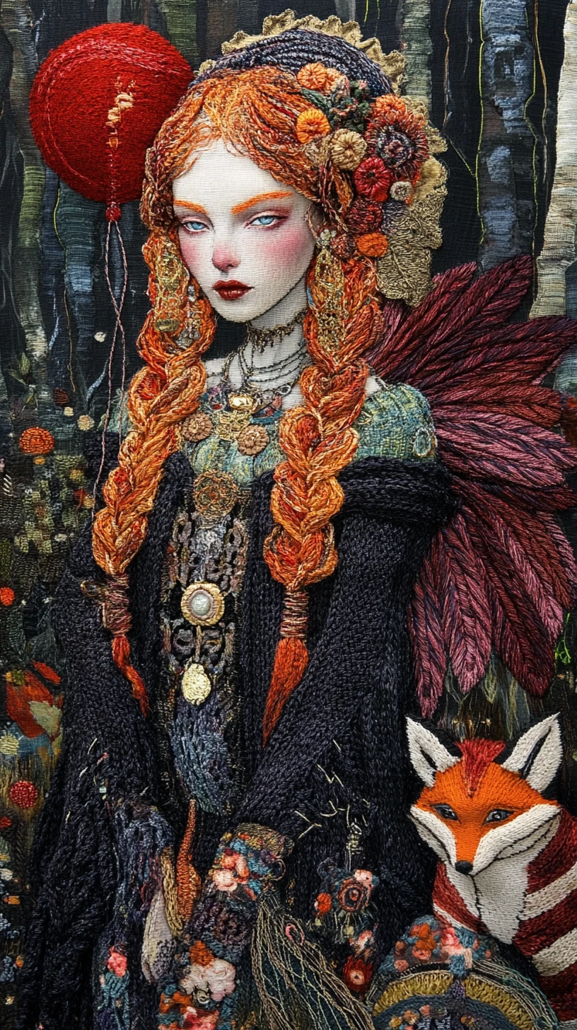Witch goddess with knitted wings and fiery braided hair