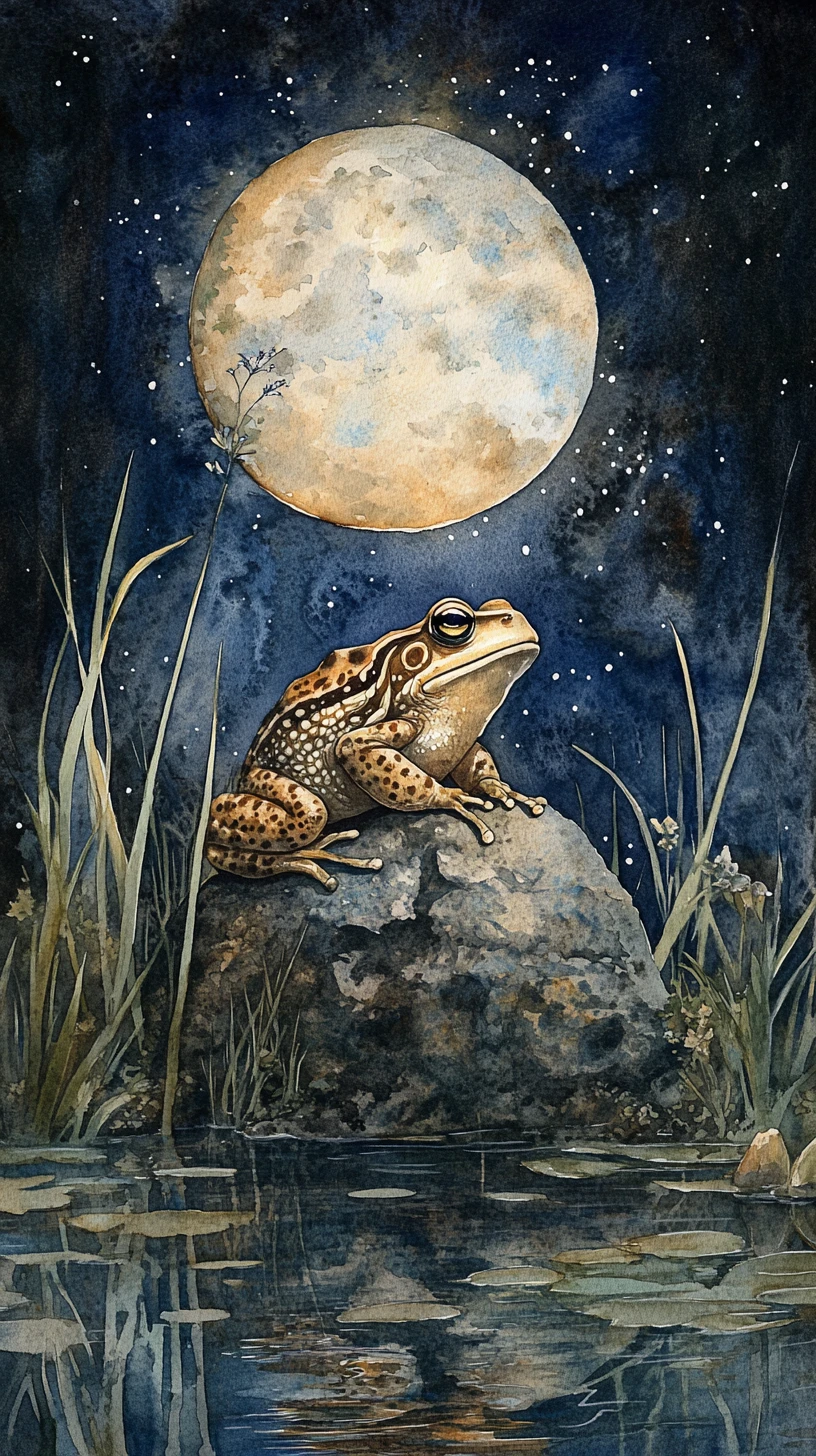 Watercolor toad on a rock by a moonlit still pond