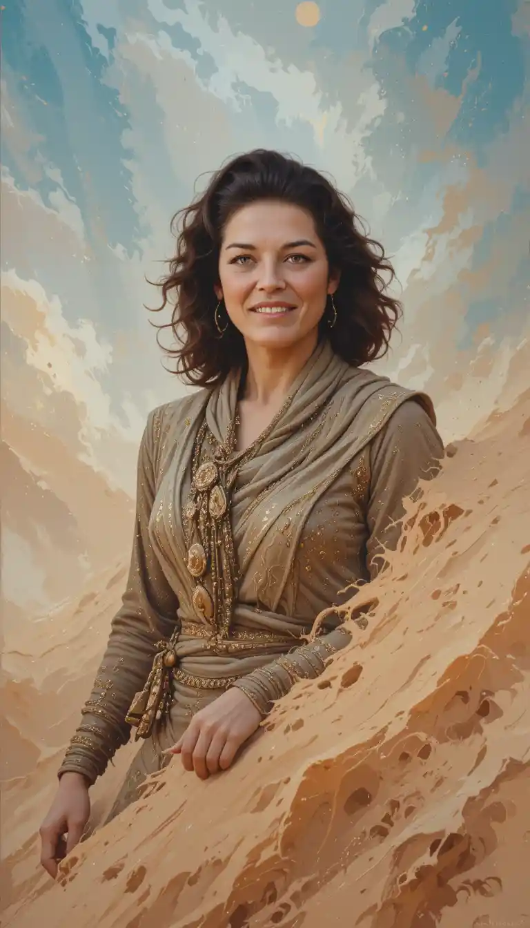 Woman in desert sandstorm wearing scarf and archeologist outfit
