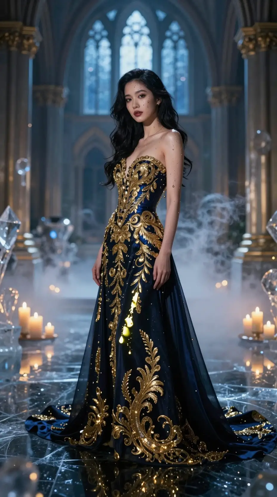 Young woman in sapphire gown on reflective dark ice