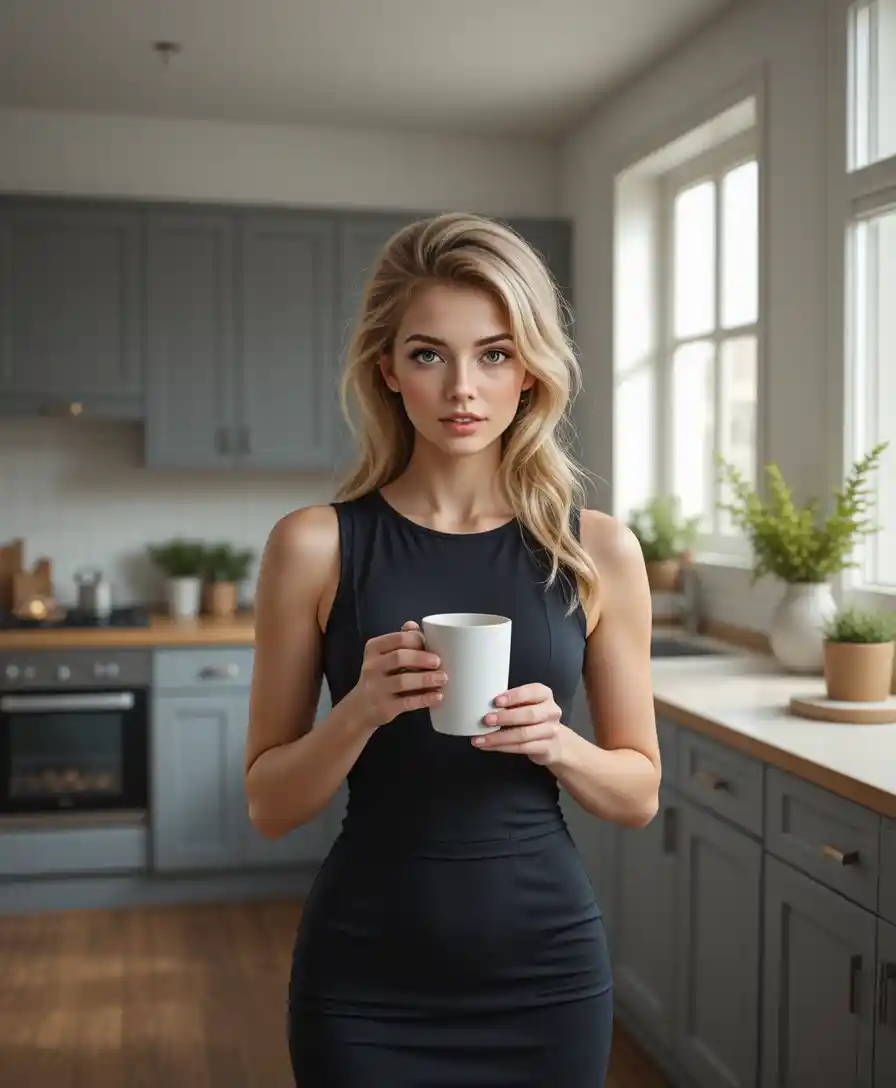 Smiling young woman with coffee in a bright modern kitchen