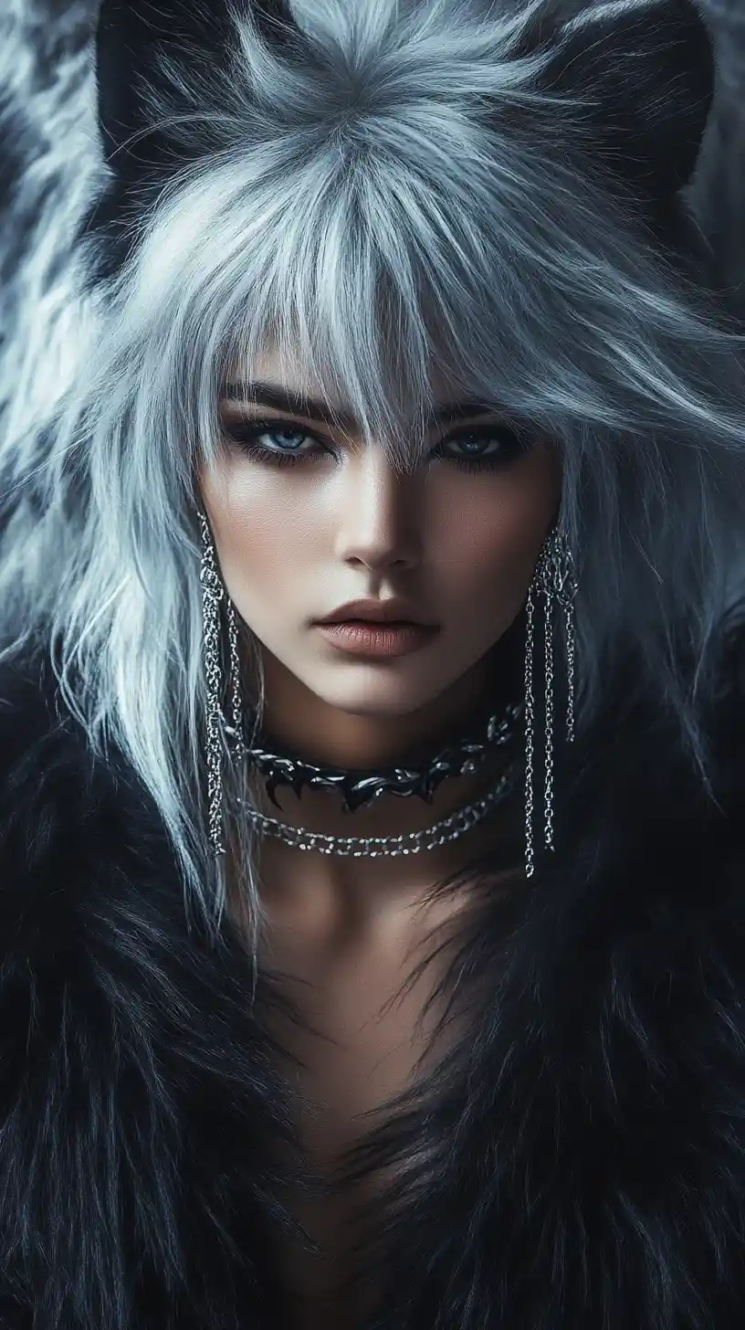 Mujer feroz con cabello inspirado en lobo y joyas de diamantes