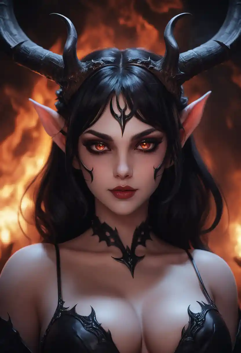 Demone donna anime con corna e smokey eyes in cupo paesaggio infernale