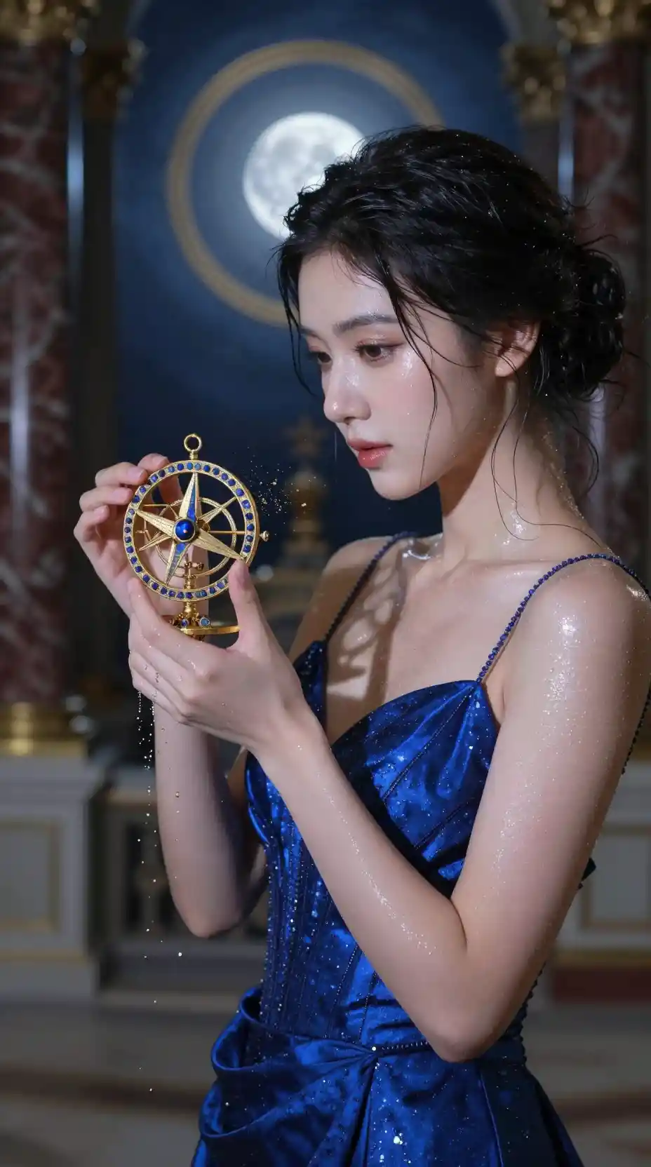 Young woman in sapphire gown with glowing astrolabe