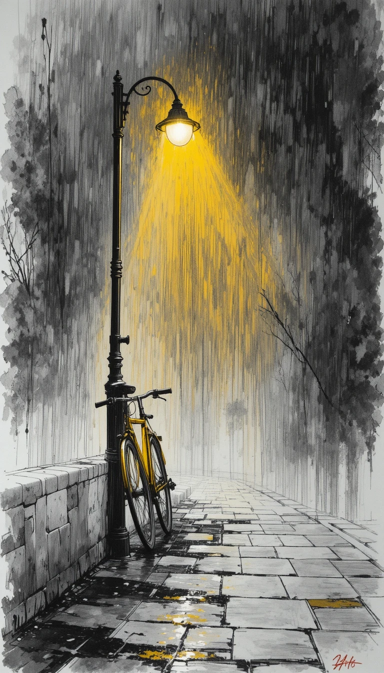 Einsame Straße mit Fahrrad unter einer leuchtenden Straßenlaterne
