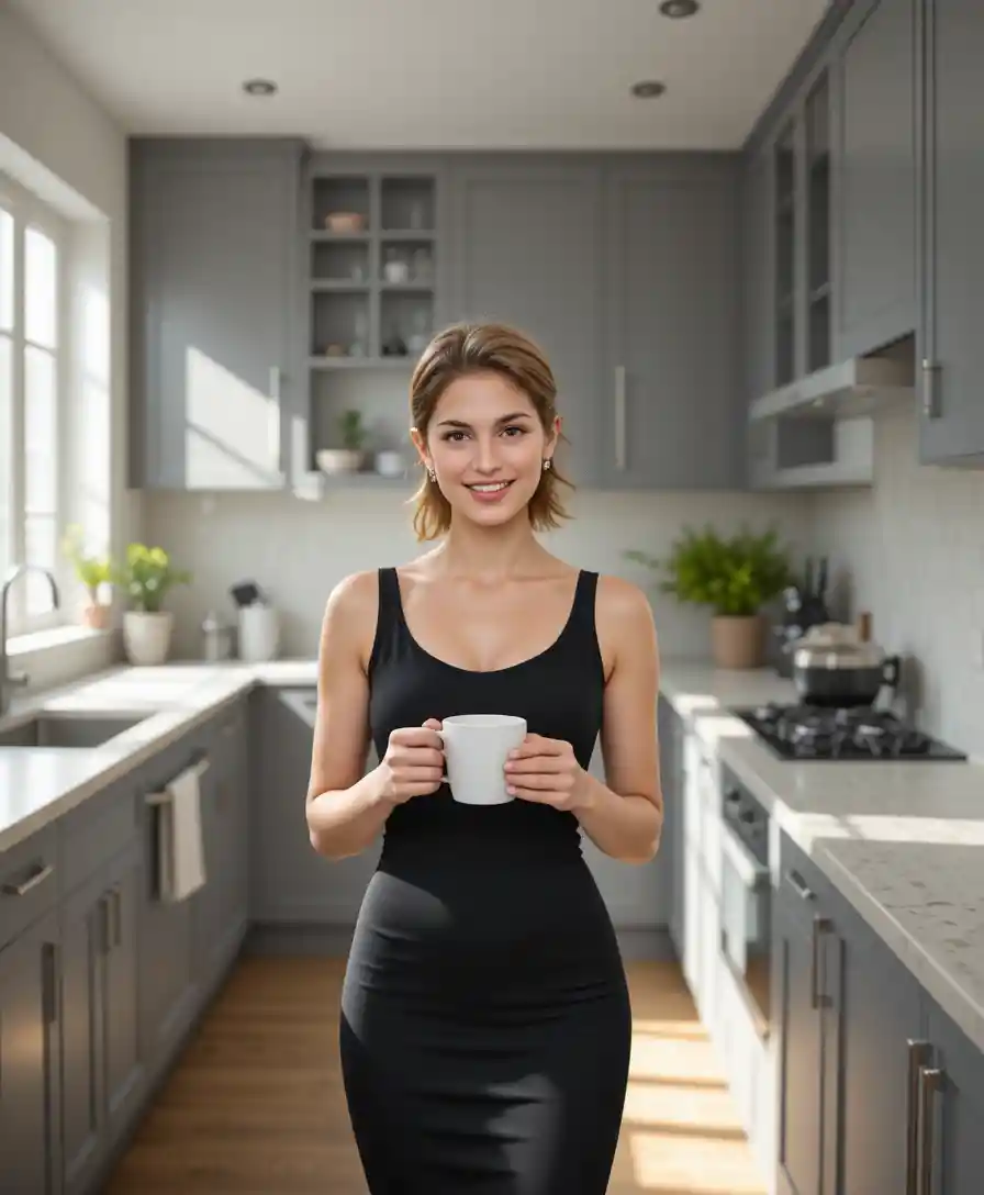 Smiling woman with coffee in a bright modern kitchen