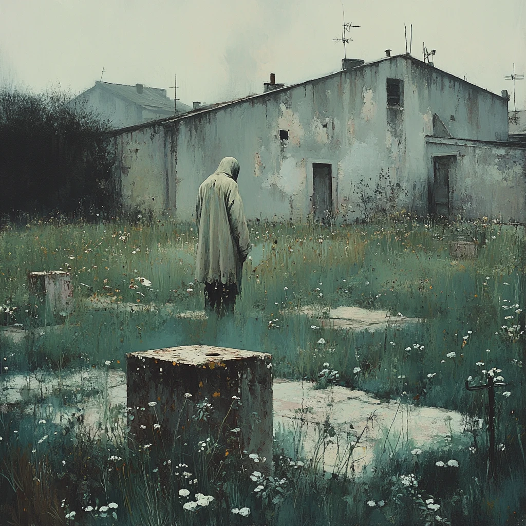 Solitary operative crossing an overgrown abandoned town square