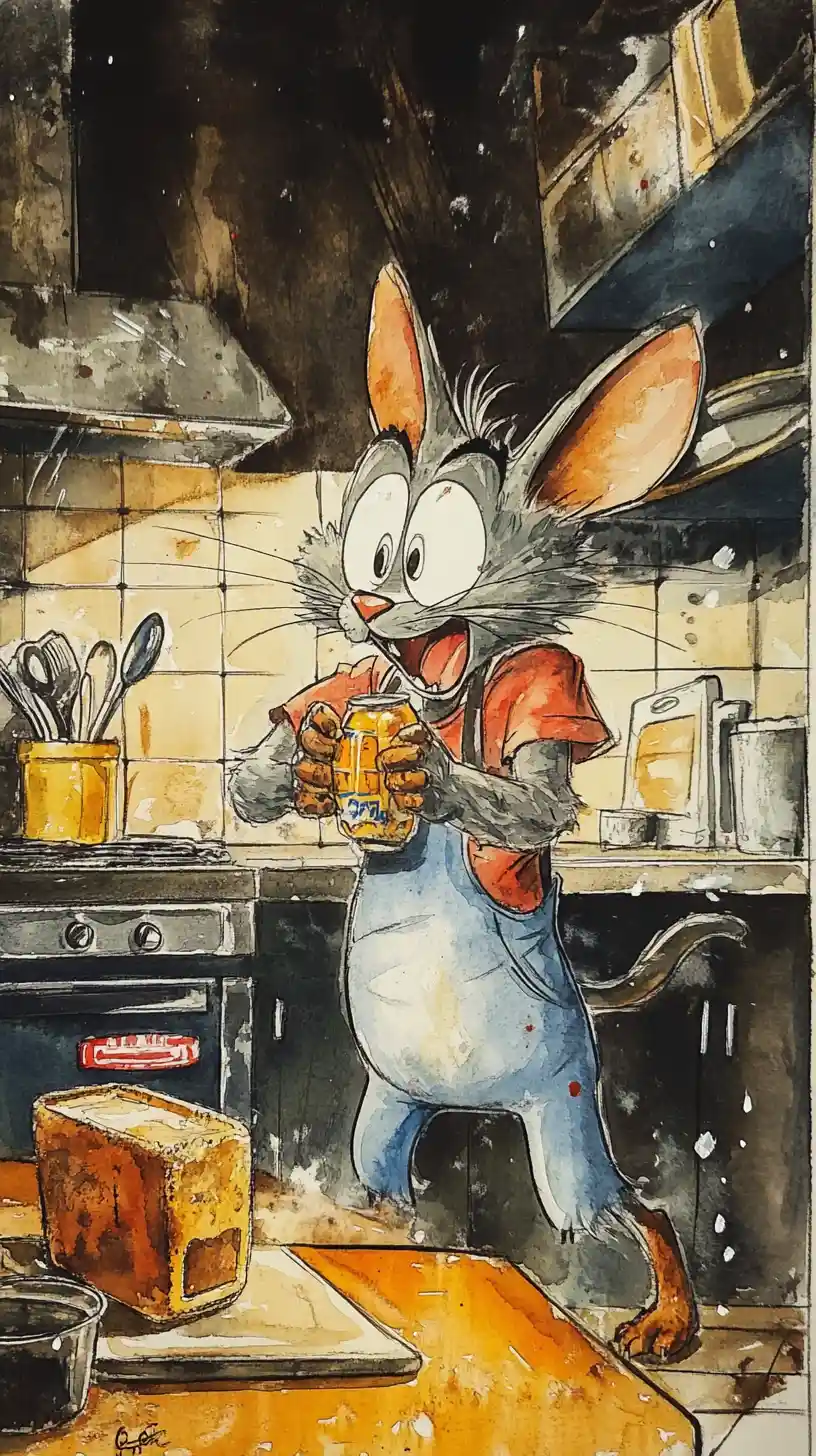 Aquarell-Cartoon-Katze mit Küchenutensilien in einer gemütlichen Küche