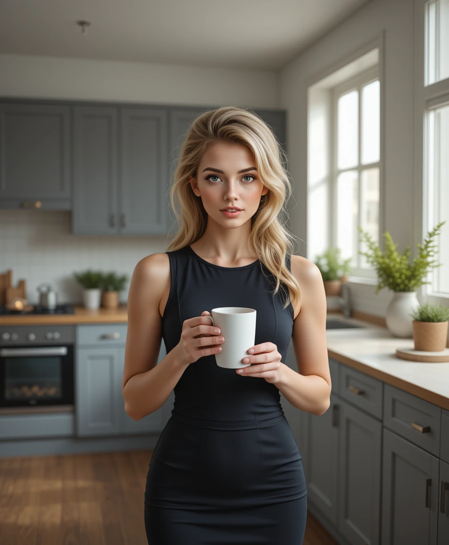 Smiling young woman with coffee in a bright modern kitchen