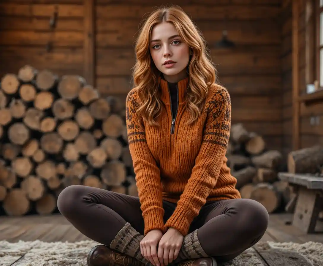 Red haired woman in cozy sweater in a warm cabin setting