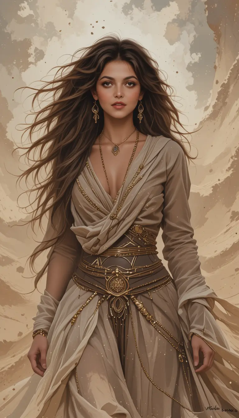 Woman in desert sandstorm with scarf and stern gaze