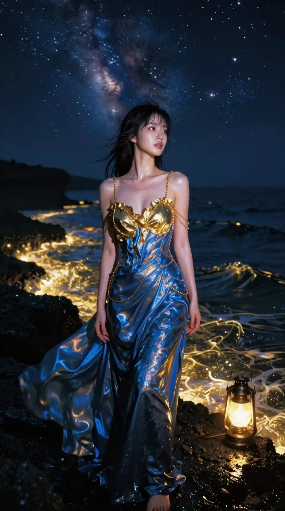 Japanese woman on a dark volcanic shore under nebula sky