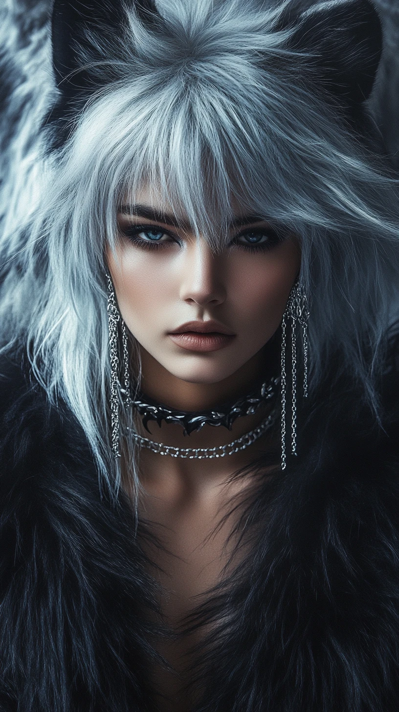 Mujer feroz con cabello inspirado en lobo y joyas de diamantes